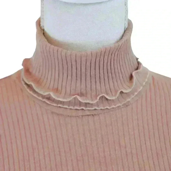 J.Crew Blush Ribbed Turtleneck Double Lettuce Hem on Neckline Sleeves Size Small - Picture 2 of 8